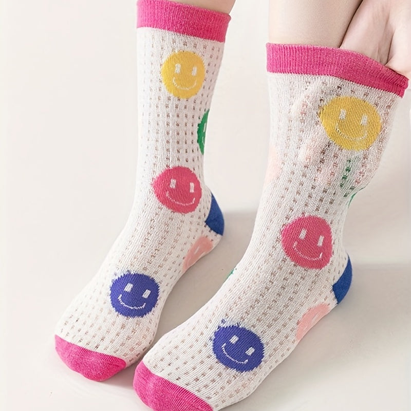 Girls Kids Breathable Crew Socks Cartoon Smile Face Pattern Spring Summer
