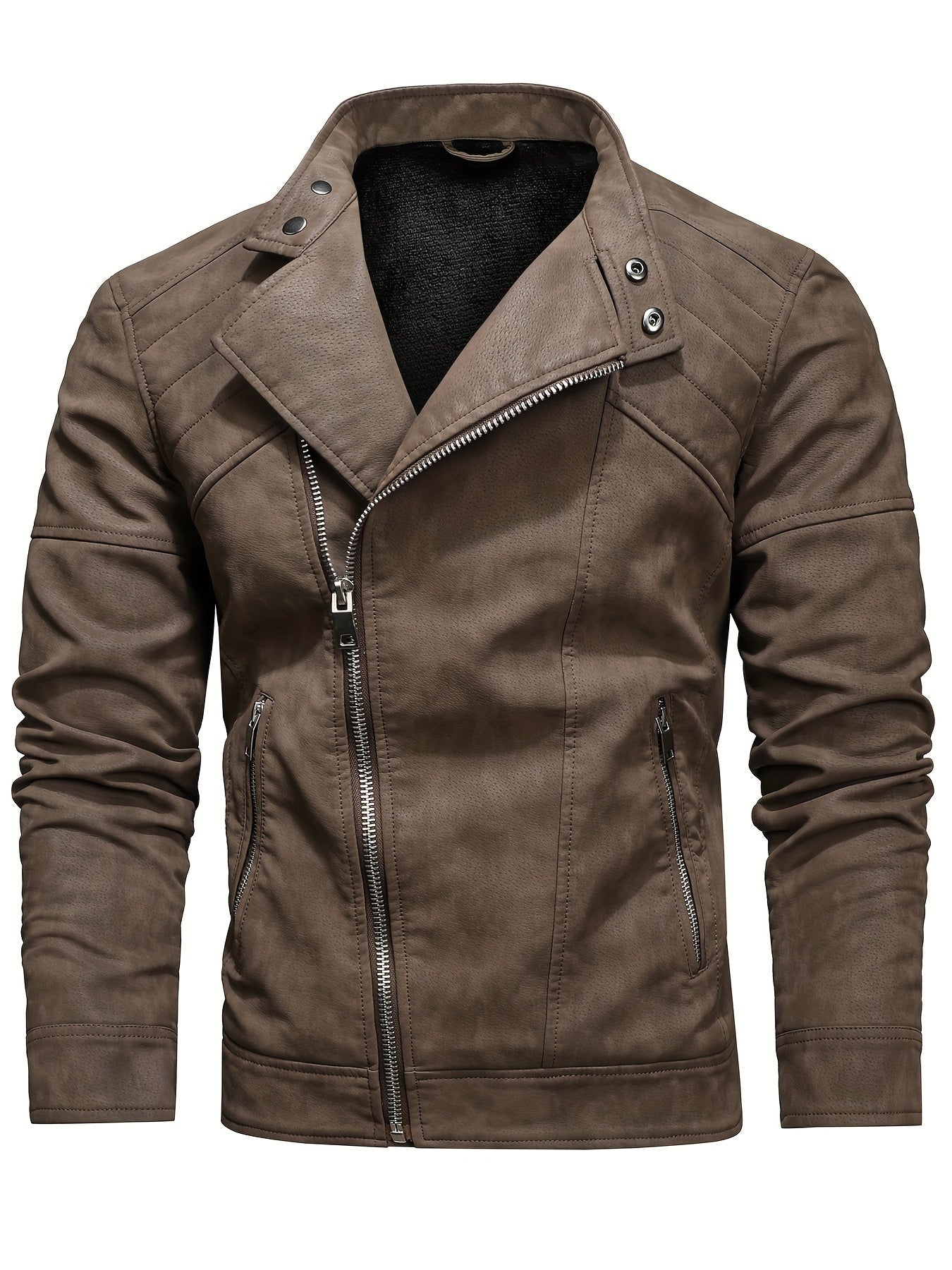 Men's PU Leather Fleece Winter Jacket with Diagonal Zipper