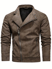 Men's PU Leather Fleece Winter Jacket with Diagonal Zipper