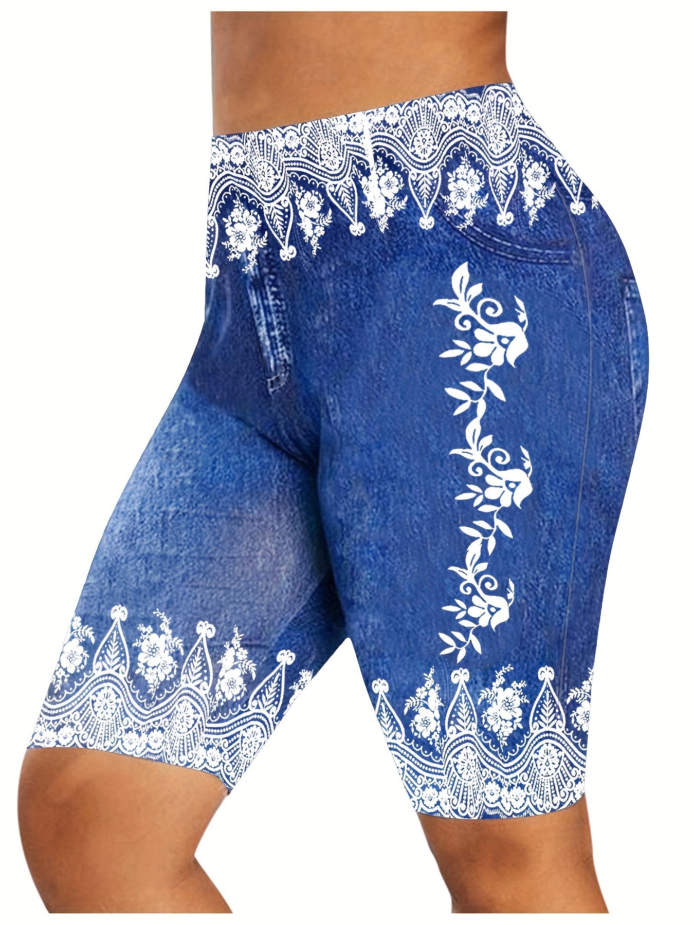 Denim & Floral Print Slim Fit Sporty Shorts