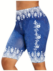 Denim & Floral Print Slim Fit Sporty Shorts