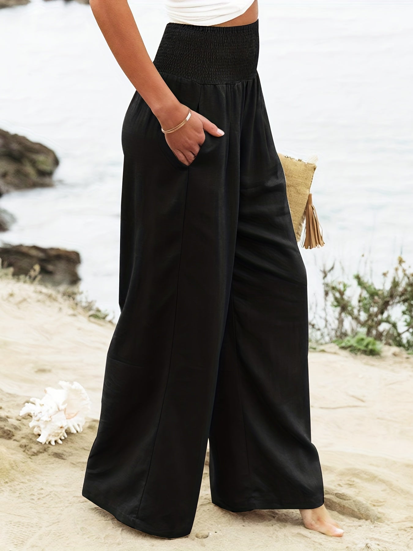 High Waist Wide Leg Pants Solid Beach Casual Pants