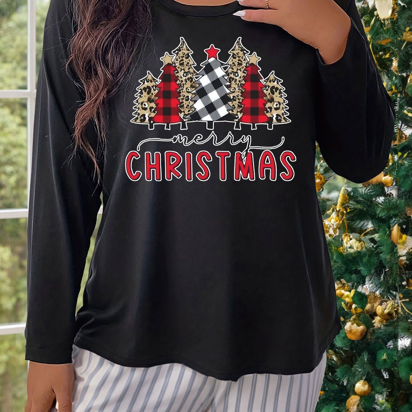 Xmas Tree & Letter Graphic Plus Size Long Sleeve Round Neck T shirt