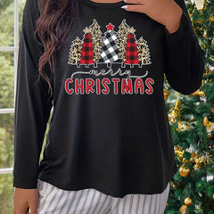 Xmas Tree & Letter Graphic Plus Size Long Sleeve Round Neck T shirt