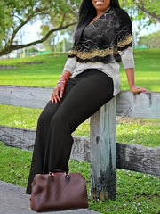 Women's Plus Marble Print V Neck Top & Straight Leg Pant Set