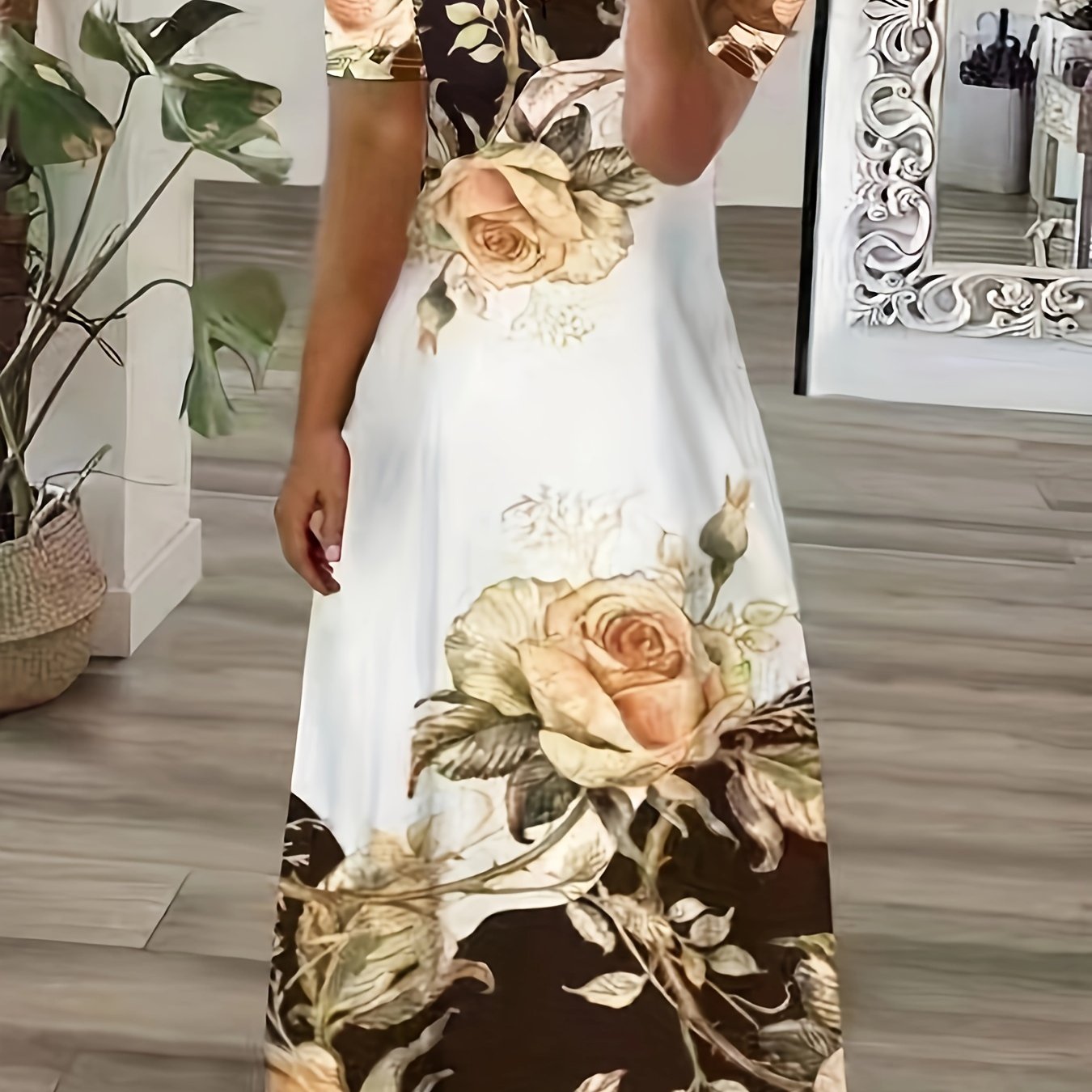 Floral Print V Neck Maxi Dress, Plus Size