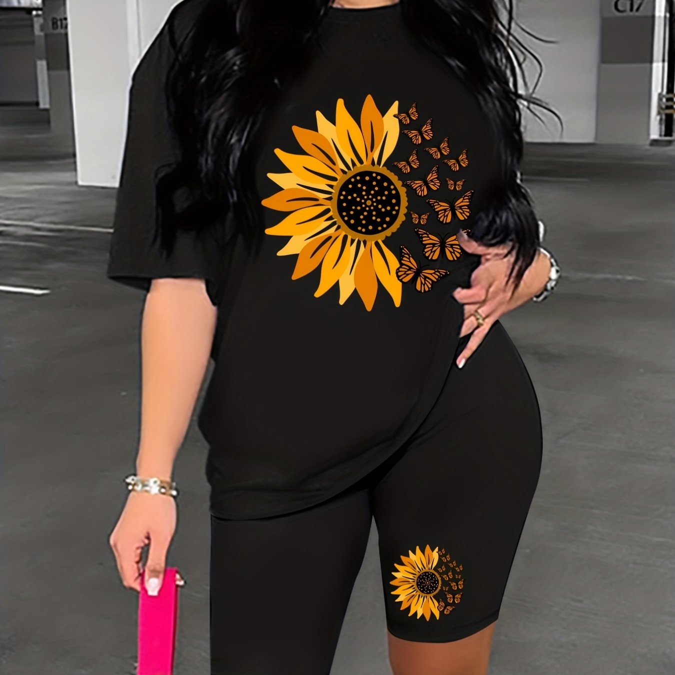 Flower & Butterfly Lounge Set Short Sleeve Top & Cozy Shorts