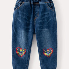 Girls Heart Embroidered Jeans Elastic Waist Casual Denim Pants
