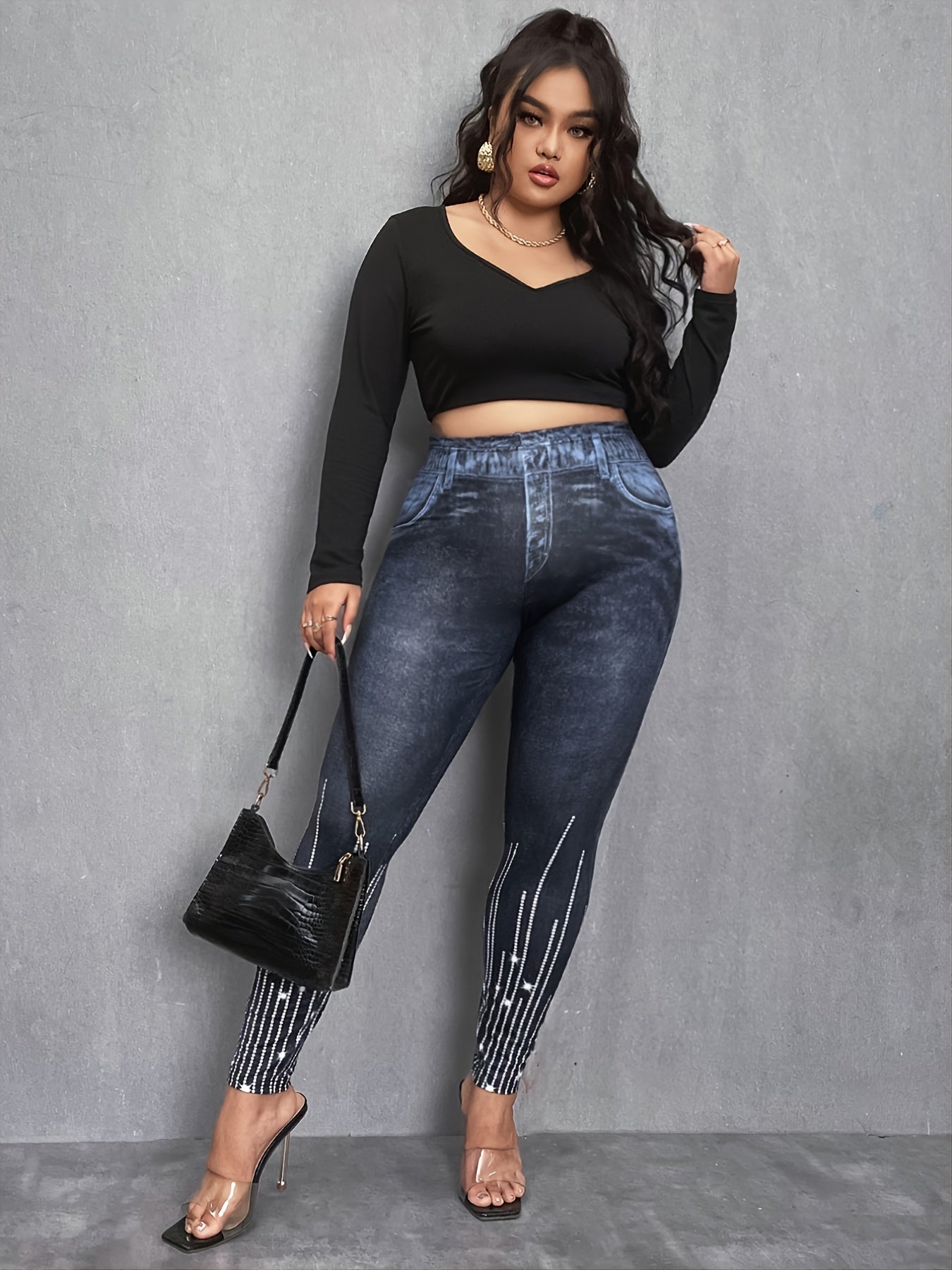 3D Denim Rhinestone Print High Rise Leggings Plus Size