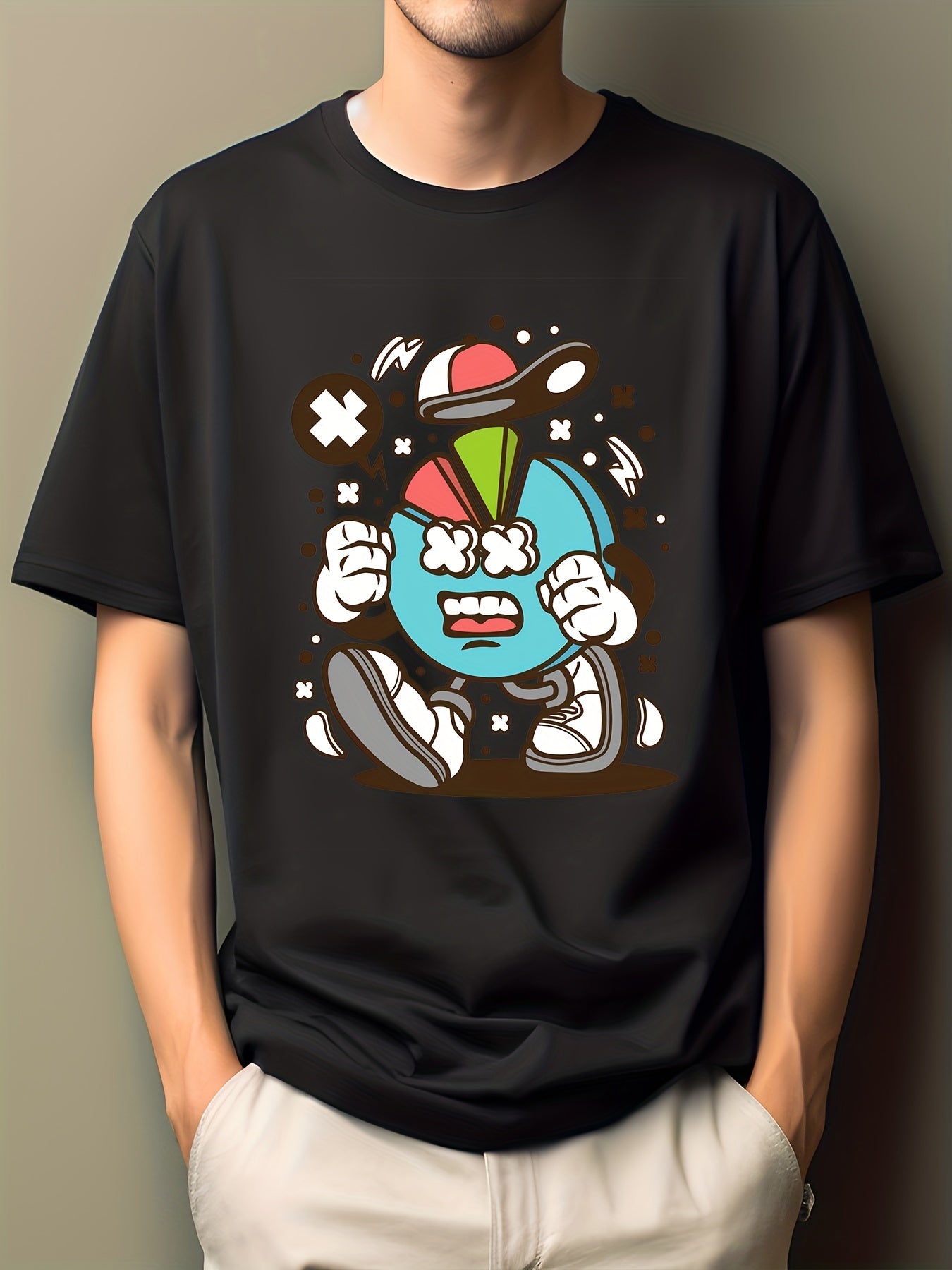 Men's Cartoon Print T-shirt Hip Pop Boy Illustration Tee