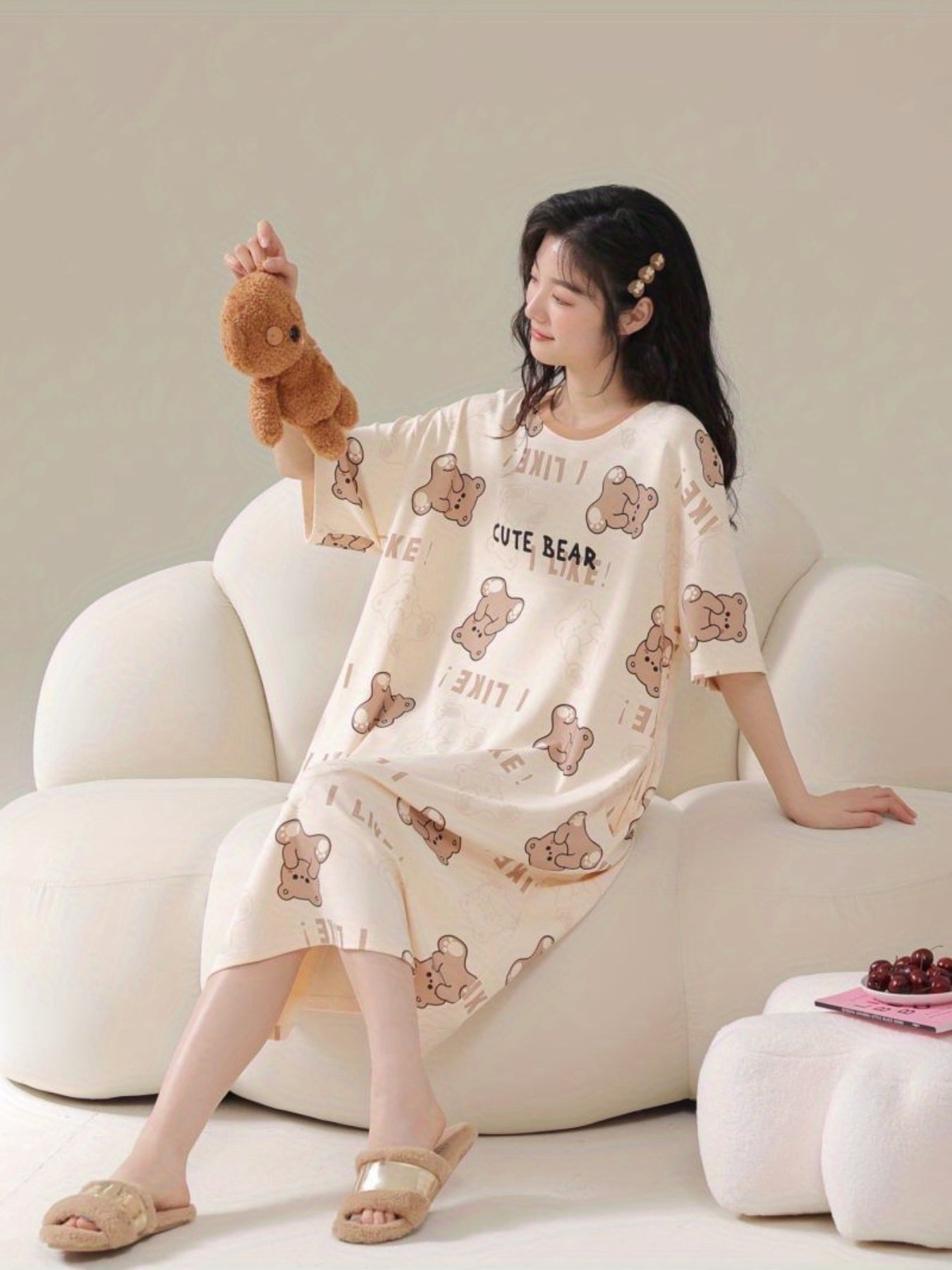 Cute Bear Print Nightdress Short Sleeve Crew Neck Sleep Dress