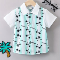 Boys Coconut Tree Print Collar Shirt Short Sleeve Kids Summer Tops