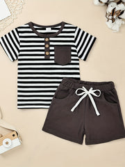 Baby Casual Striped Pocket T-shirt & Shorts Set for Summer