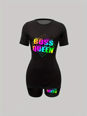 Queen Letter Print Short Sleeve Two Piece Set Casual T Shirt & Biker Shorts