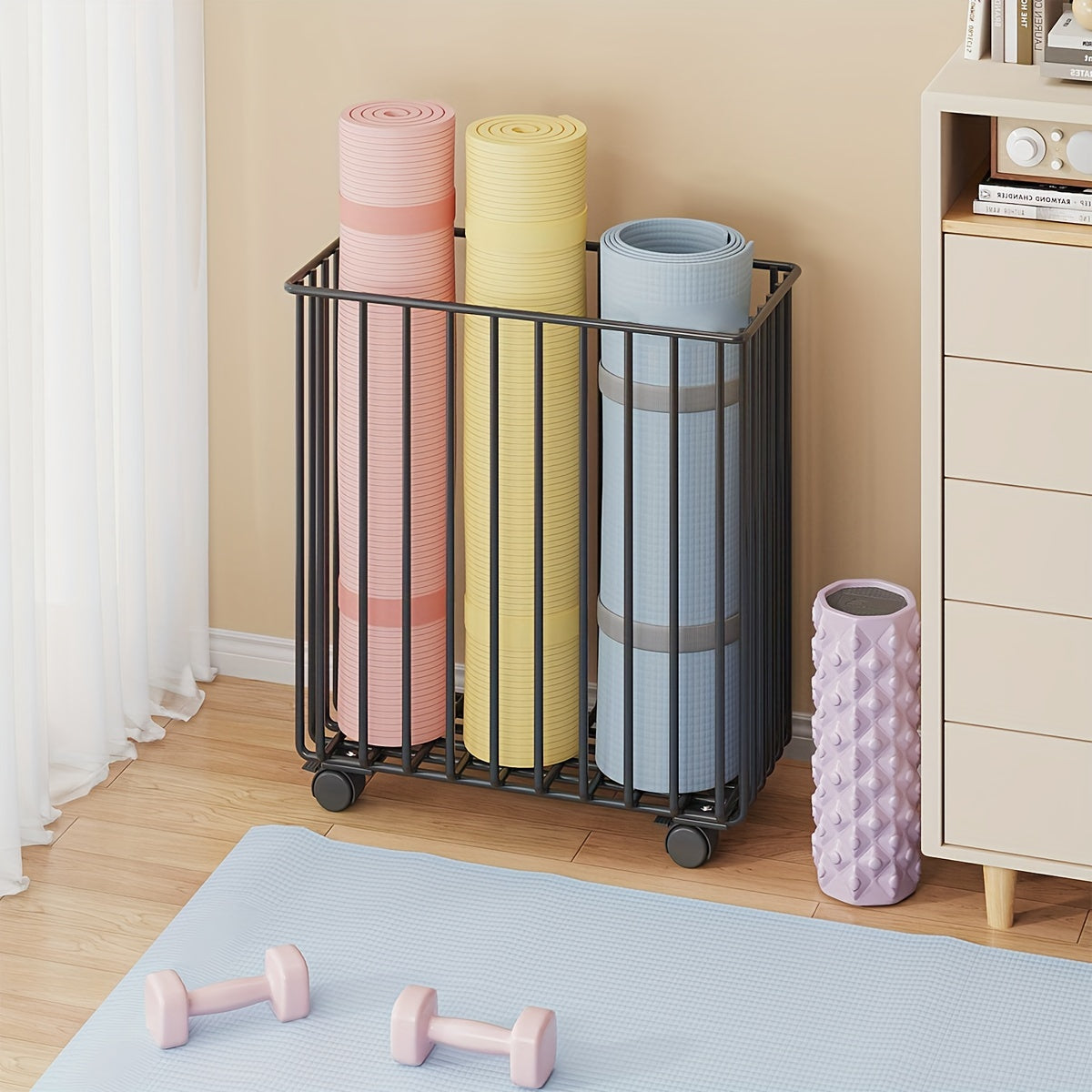 Sports Equipment Storage Rack with Wheels - Organizer for Yoga Mat and Dumbbells