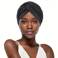 Cross Knot Pleated Turban Cap Solid Head Wrap Elastic Head Scarf