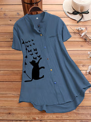 Cat Print Short Sleeve Button Shirt