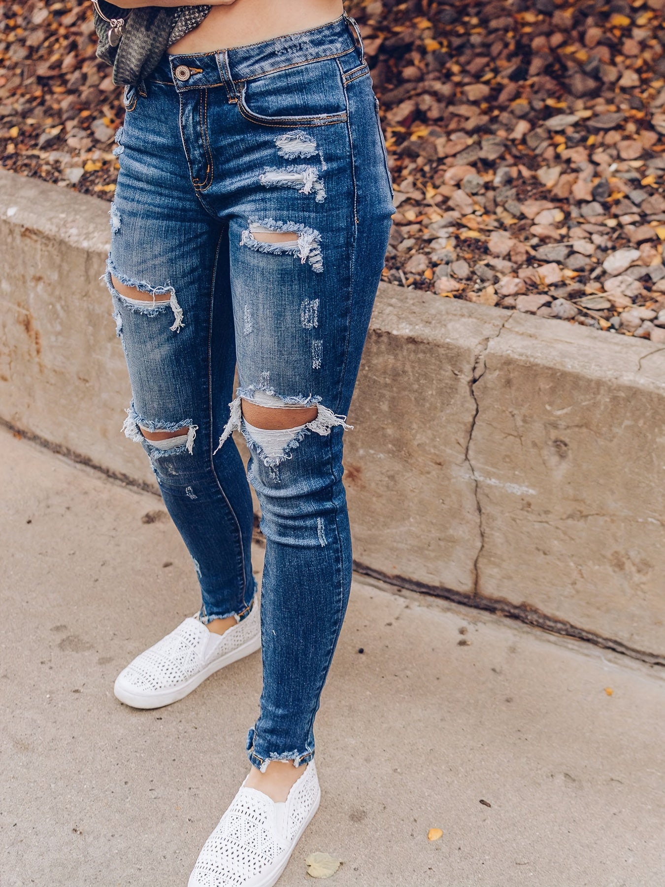 Retro Jeans Women's Plus Button Fly Cut Out Ripped High Stretch