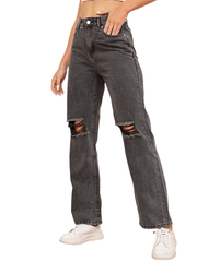 Grey Ripped Straight Jeans Distressed Slash Pockets Loose Fit Denim Pants