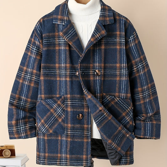 Boy's Plaid Fleece Jacket Button Up With Pockets