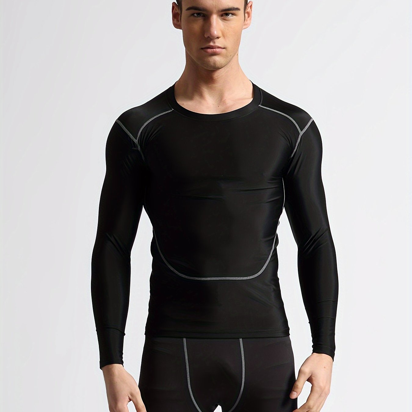 Men's Solid Compression Shirt High Stretch Crew Neck Top