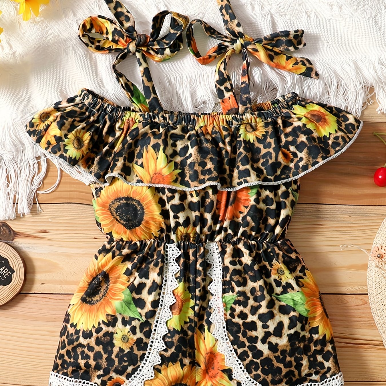 Leopard & Sunflower Pattern Romper w/ Ruffle & Lace for Kids - Spring Summer