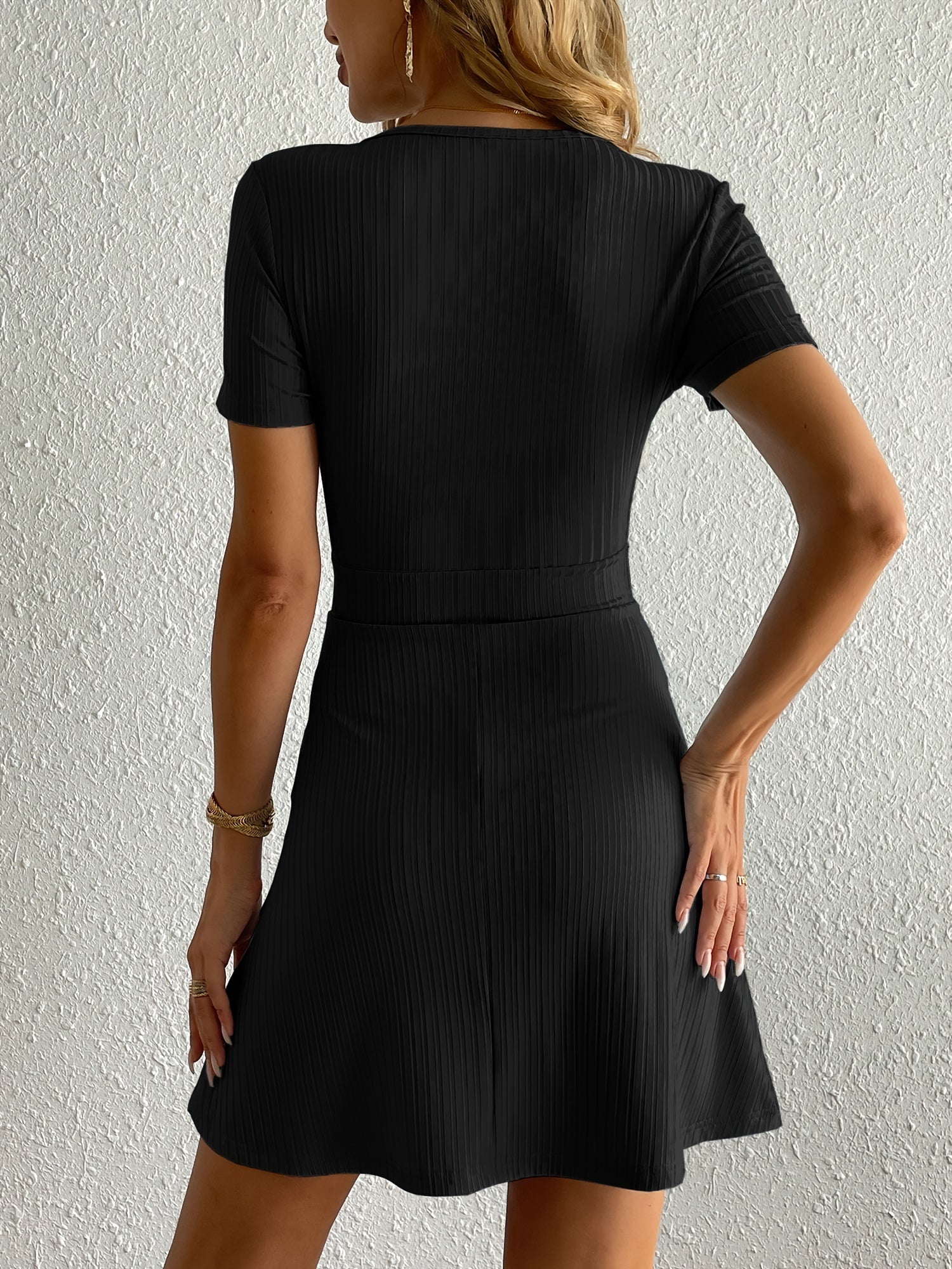 Solid V Neck Short Sleeve Dress for Women