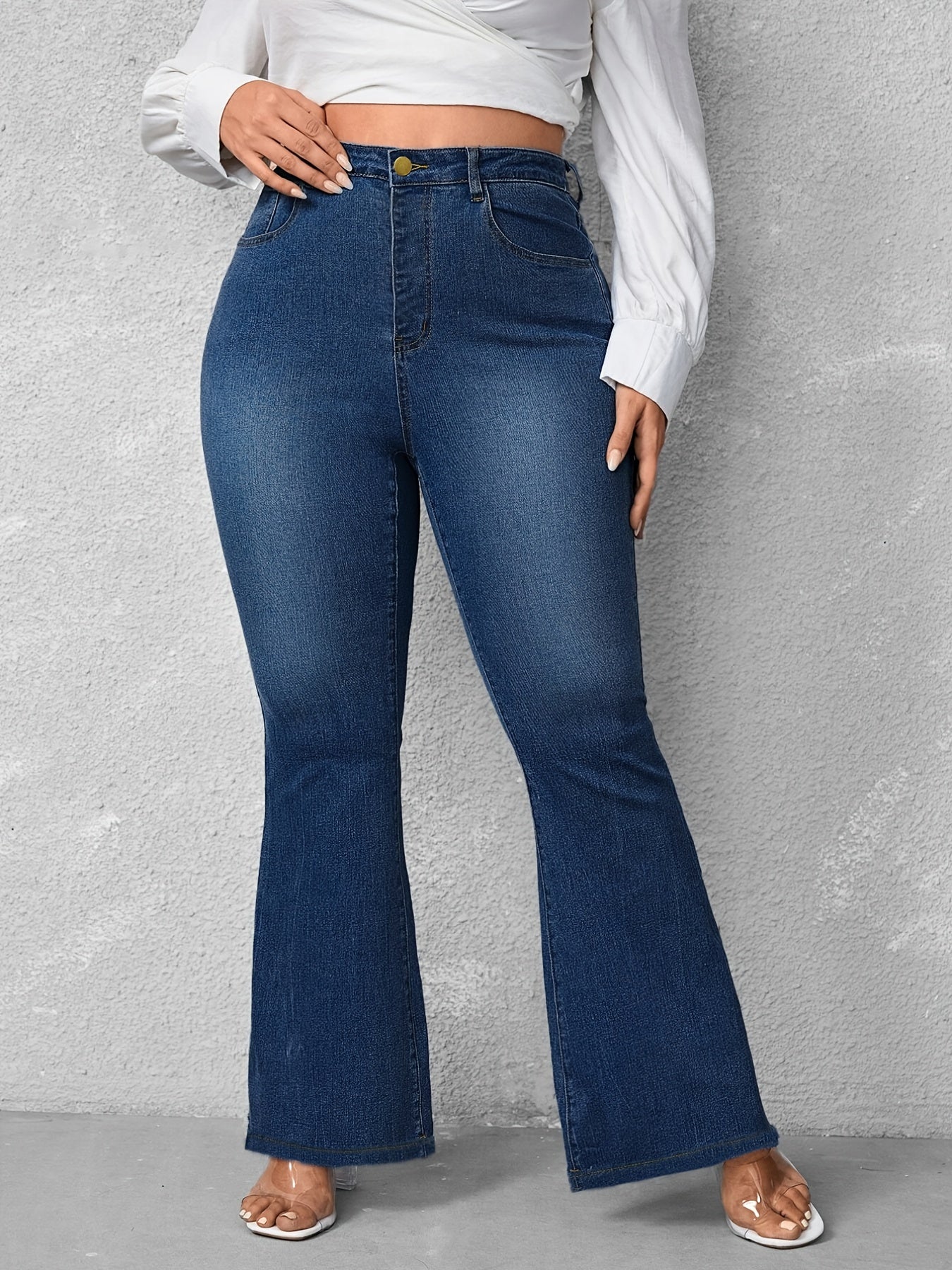 Flared Leg Button Fly Denim Jeans Women's Plus Casual Jeans