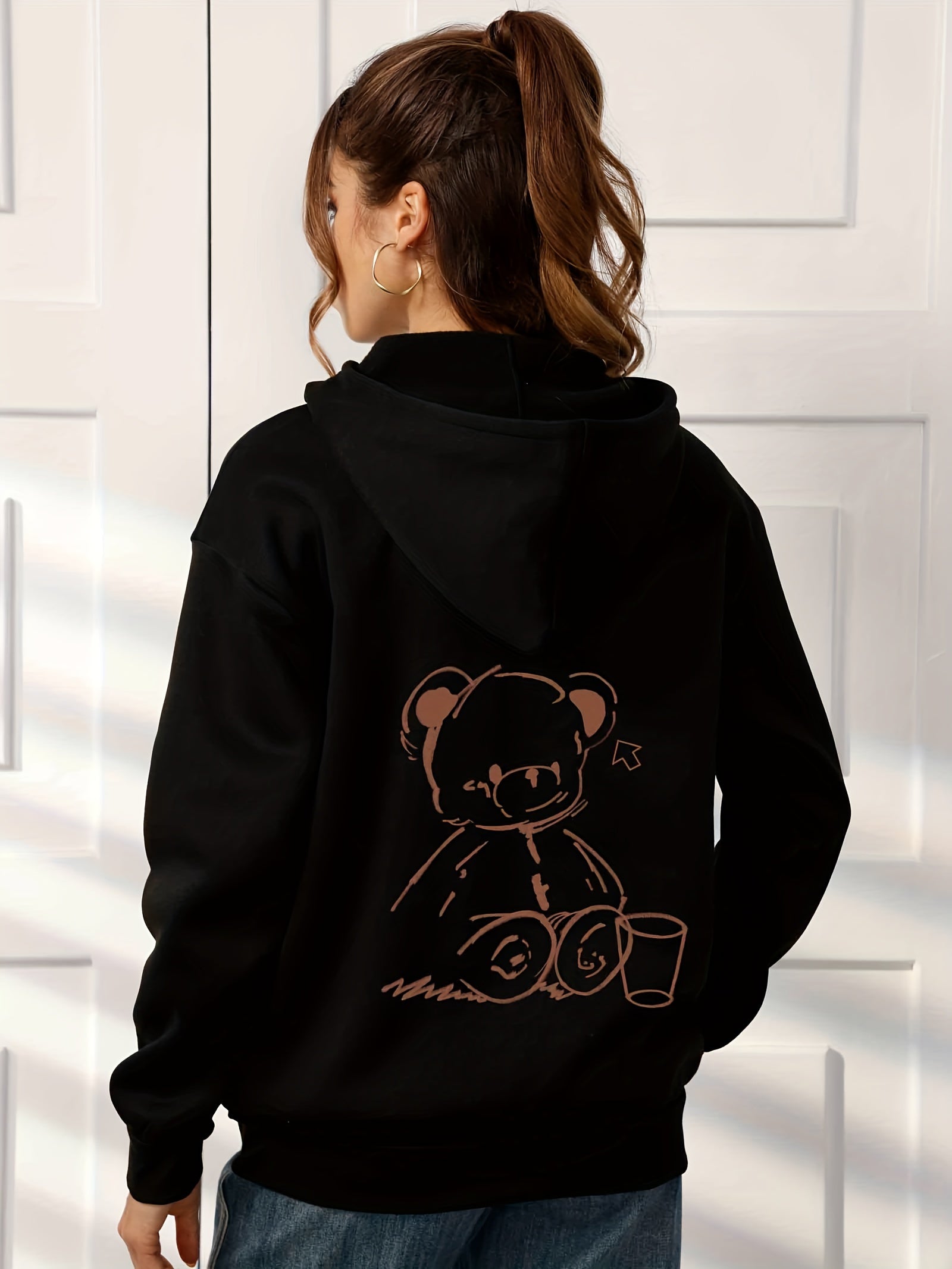 Casual Long Sleeve Bear Graphic Hoodie Women's Tops