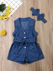 Girls Denim Romper Belted Jumpsuit & Headband Set