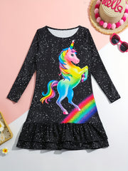 Girls Casual Rainbow Unicorn Print Crew Neck Long Sleeve Dress