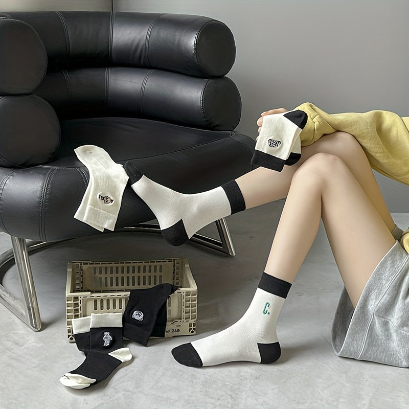 5 Pairs Cartoon Bear Embroidered Socks Women's Stockings