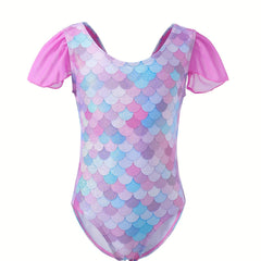 Fish Scale Print Gymnastics Leotard with Flutter Trim
