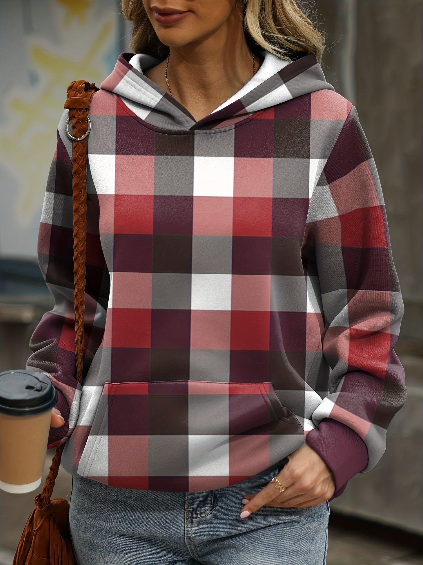 Plaid Print Kangaroo Pocket Hoodie Casual Long Sleeve Hoodies Sweatshirt