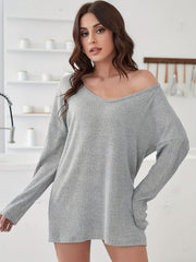 Ribbed Knit V-Neck Long Sleeve Sleepwear Top