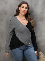 Colorblock Faux Pearl Decor Sweater
