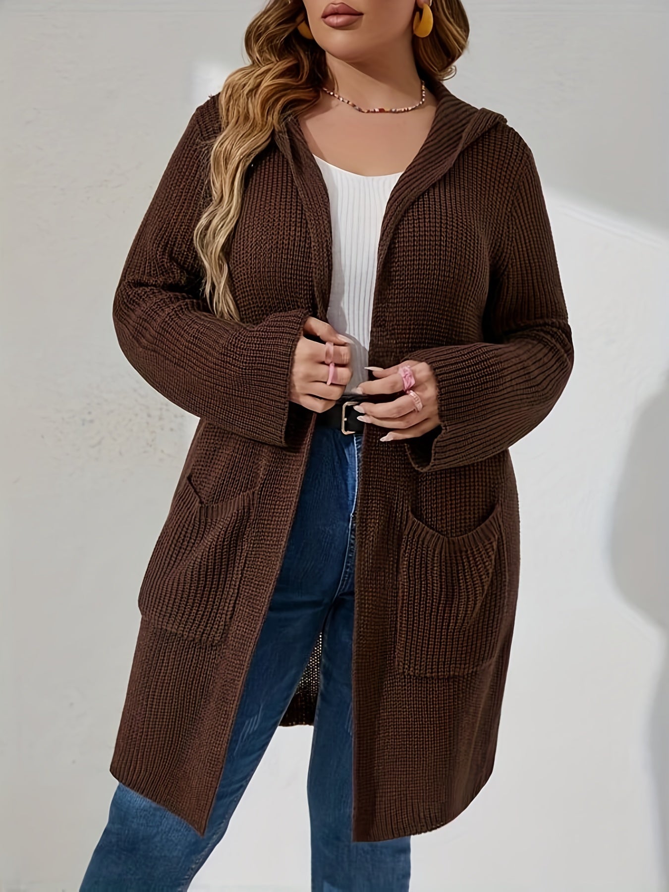 Knit Hooded Overcoat Cardigan Women's Long Sleeve