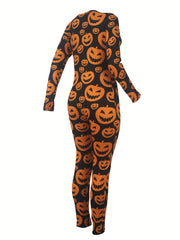 Pumpkin Print Lounge Romper Long Sleeve V Neck Buttons Romper