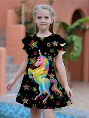 Girls Unicorn Print Flutter Sleeve Dress For Party Summer Kids Clothes