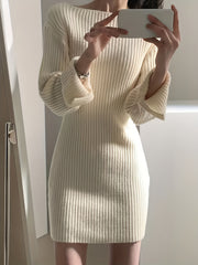 Boat Neck Sweater Dress Long Sleeve Bodycon Knitted Dress