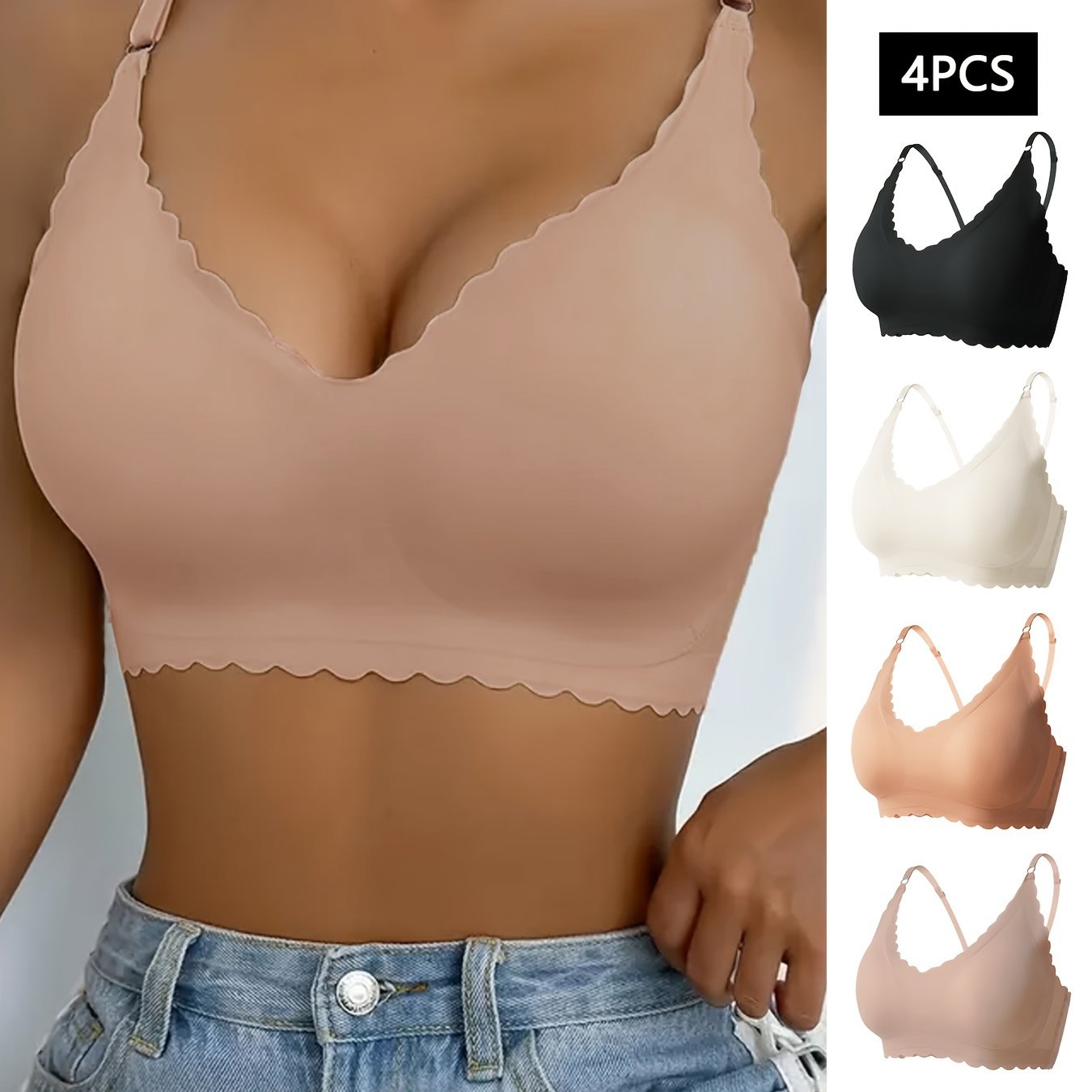 4pcs Wirefree Push Up Sports Bra V neck Workout Running Bra For Women