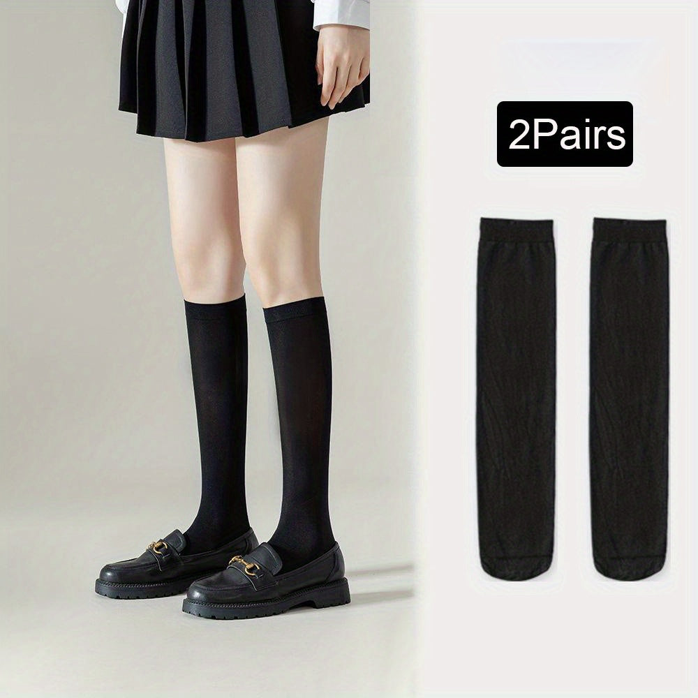 2 Pairs Solid Calf Socks College Style All match Knee High Socks
