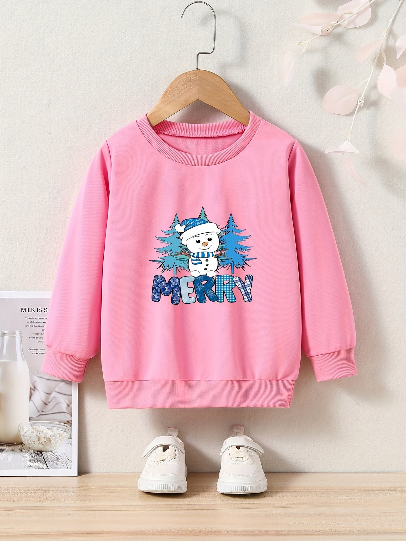 Cartoon Snowman Pattern Crew Neck Long Sleeve Sweatshirt For Girls