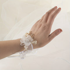 Mesh Bow Streamer Wristband Resin Flower Faux Pearl Crystal