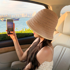 Crochet Sun Hat Casual Breathable Bucket Hat Solid Cloche Hats