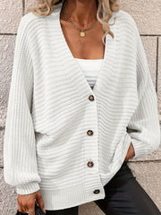 Solid Button Up Lantern Sleeve V Neck Cardigan
