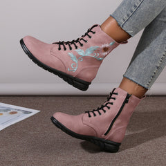 Floral Print Ankle Boots Flat Lace Zipper Combat Solid Shoes