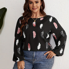 Plus Feather Print Lantern Sleeve Round Neck Loose Fit Shirt Top