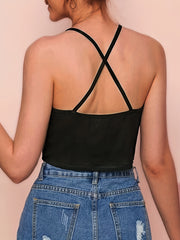 Ribbed Crop Spaghetti Strap Cross Back Cami Top for Summer