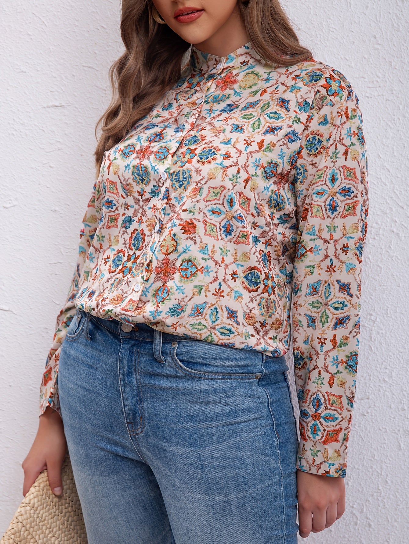 Boho Blouse Women's Plus Allover Print Long Sleeve Button Up Mock Neck Shirt Top
